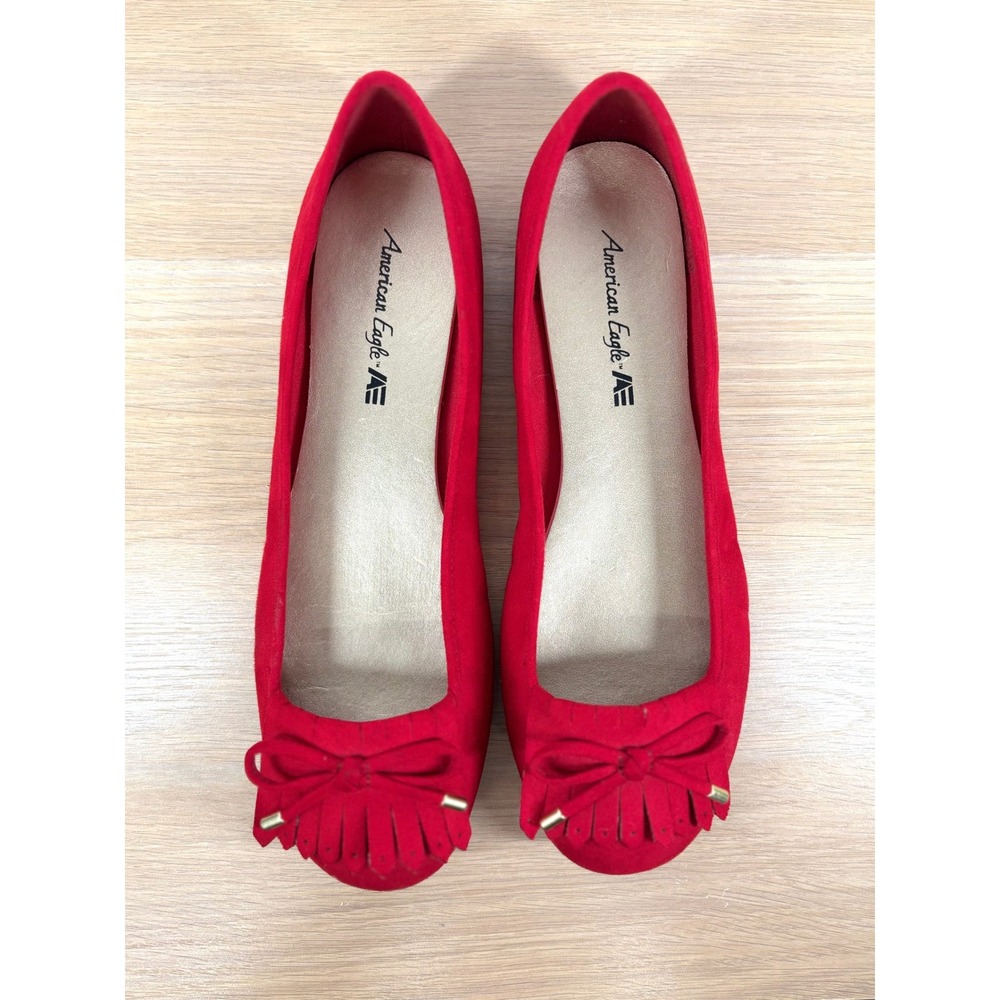American Eagle Red Faux Suede Bow Fringe Kiltie Ballet Flats 8.5